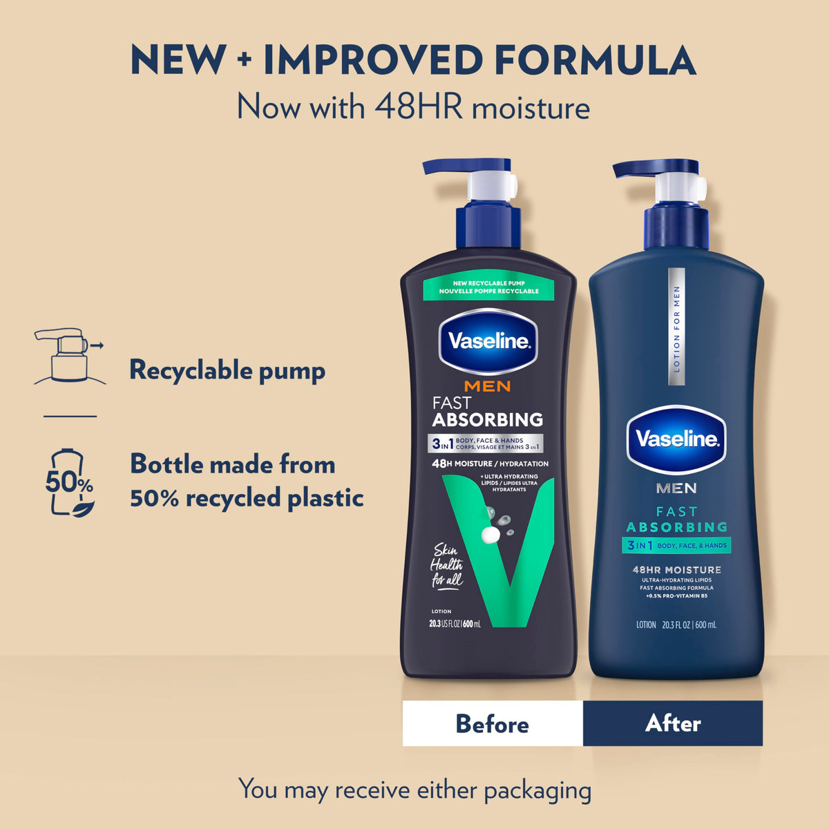 Vaseline pump close-up displaying lotion texture and fast-absorbing formulation benefit