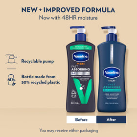 Vaseline pump close-up displaying lotion texture and fast-absorbing formulation benefit