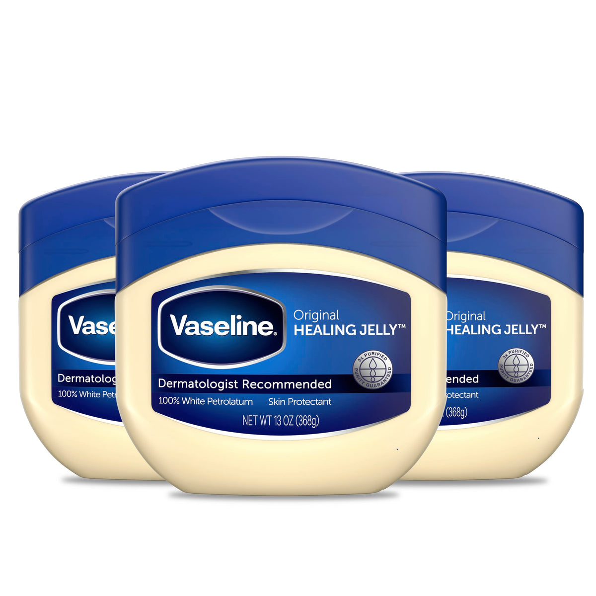 Vaseline three-jar pack front view showing value and protective benefit