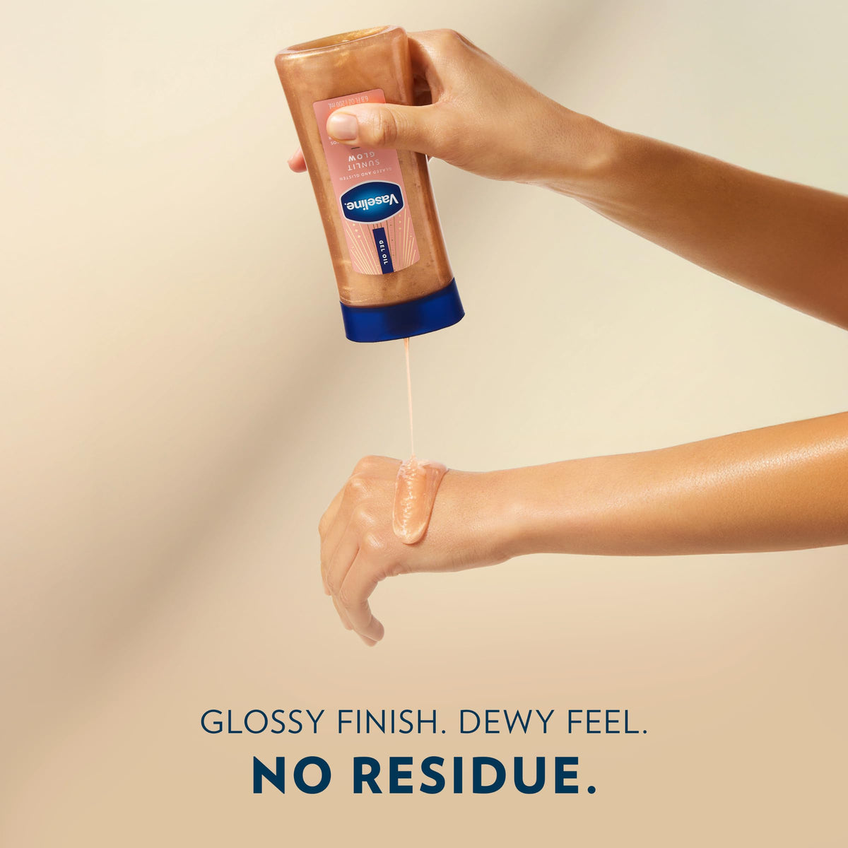 Vaseline pouring oil detail demonstrating shimmering glow and hydrated skin