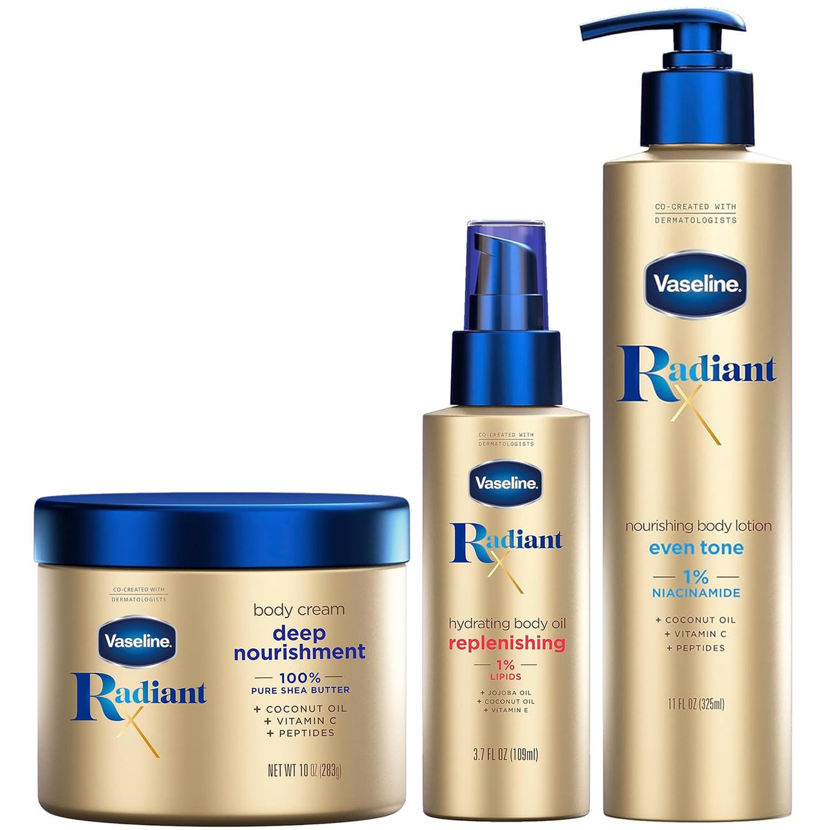 Vaseline Radiant X front packaging showing all three products and set benefits
