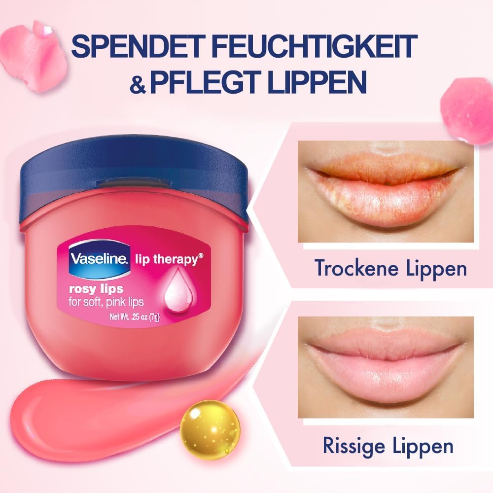 Vaseline application on lips showing subtle rosy tint and softness