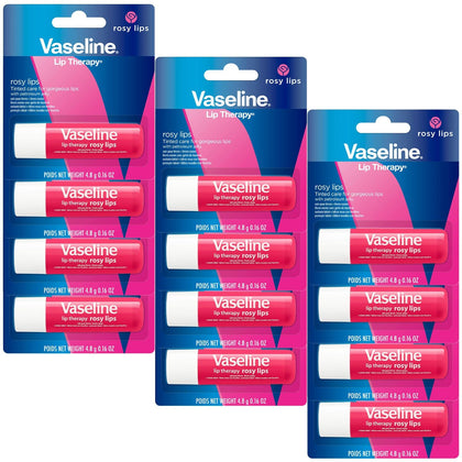 Vaseline front packaging showing 12-pack and rosy balm tint for quick selection