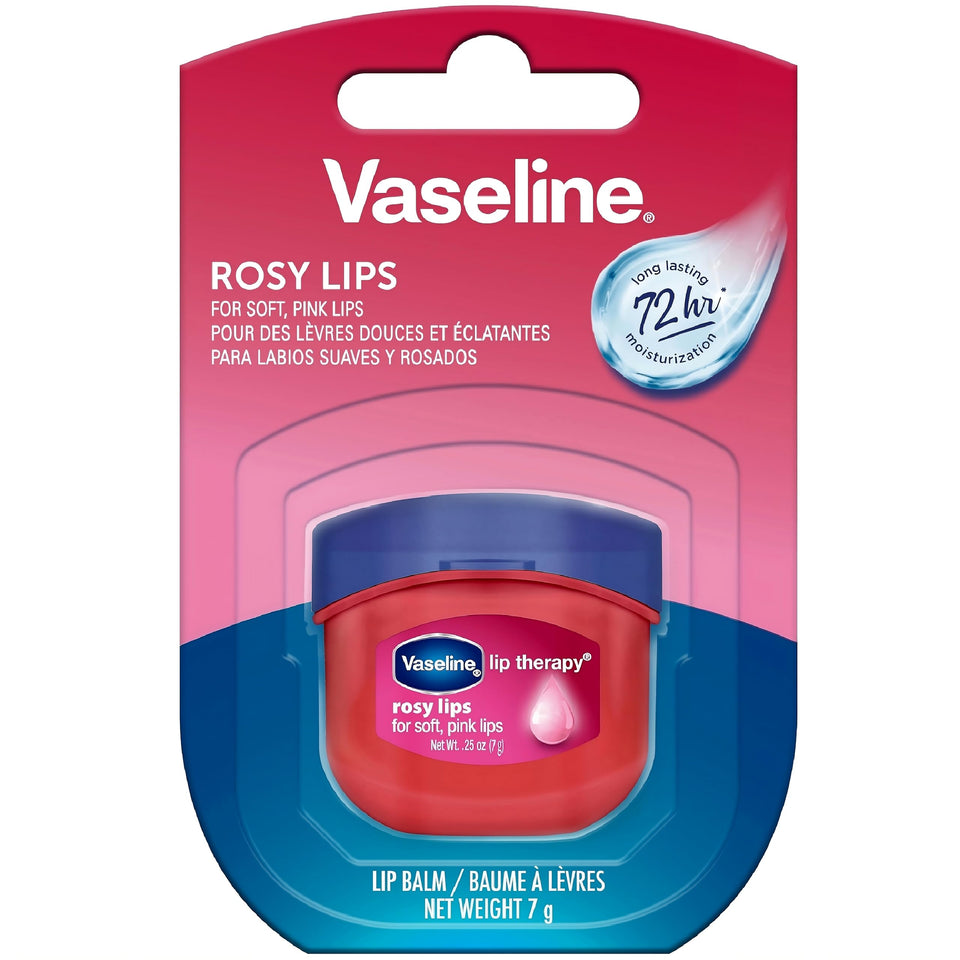 Vaseline front packaging showing rosy lips minis for easy storage