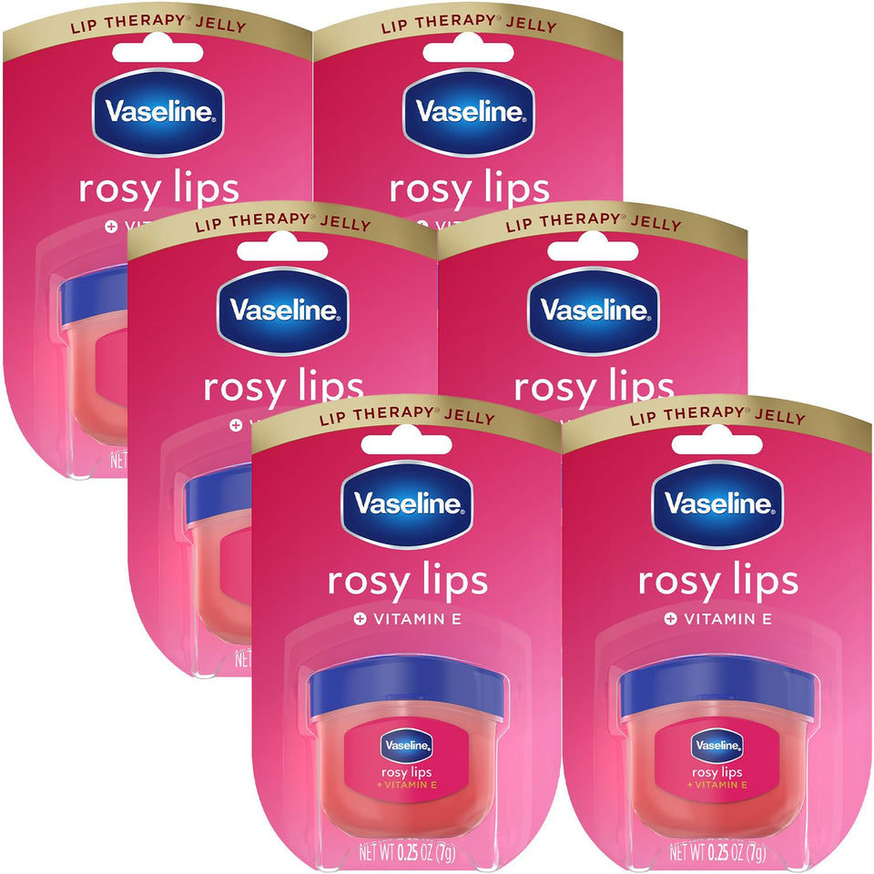 Vaseline front packaging showing six rosy lips mini jars for easy hydration