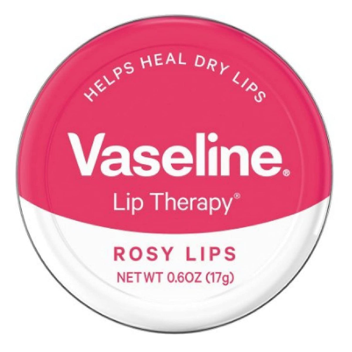 Vaseline rosy lips front tin showing compact travel-ready packaging and instant moisture