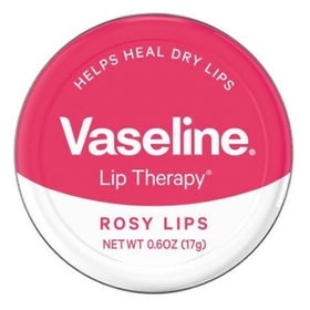 Vaseline rosy lips front tin showing compact travel-ready packaging and instant moisture