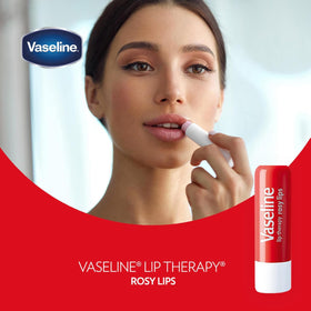 open Vaseline rosy lips cap revealing balm surface for hygienic use