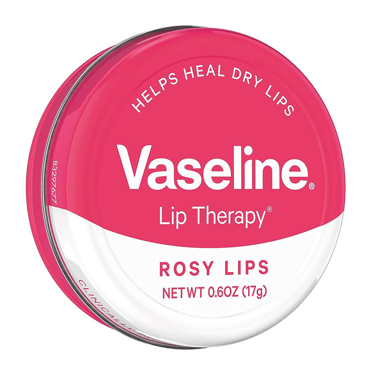 Vaseline rosy lips side view next to coin to show tin size and pocket portability benefit