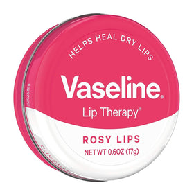 Vaseline rosy lips side view next to coin to show tin size and pocket portability benefit