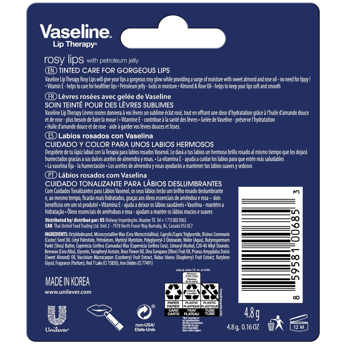 Vaseline rosy lips stick extended to show size and easy application benefit