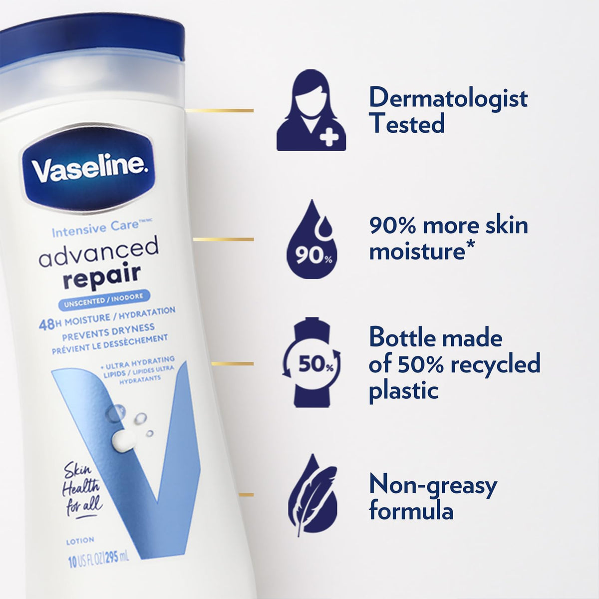Vaseline bottle next to hand to show 10 oz size and ergonomic design