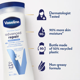 Vaseline bottle next to hand to show 10 oz size and ergonomic design