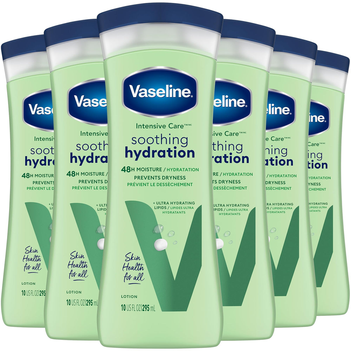 Vaseline front packaging showing six 10 oz bottles and benefits