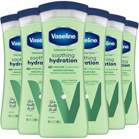 Vaseline front packaging showing six 10 oz bottles and benefits