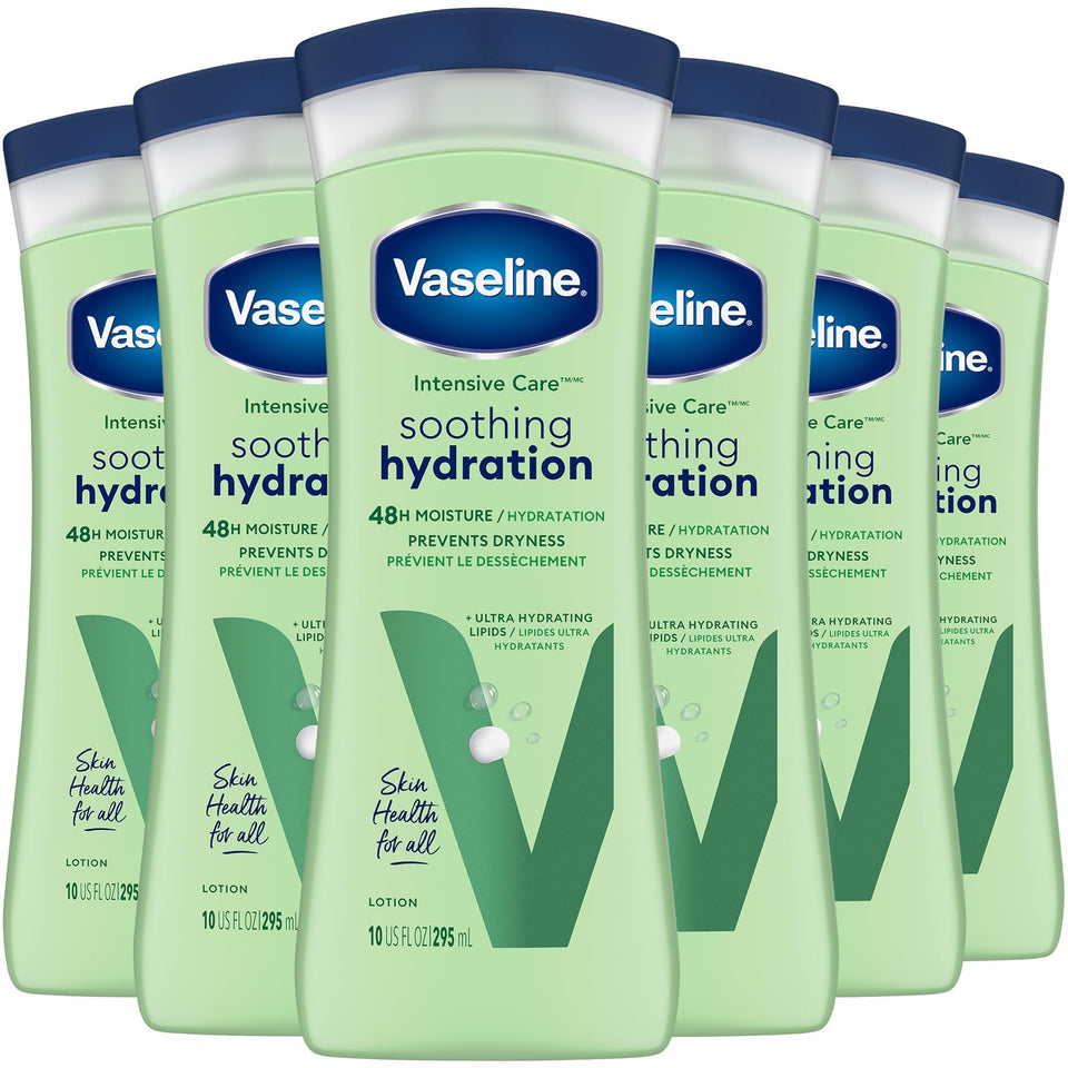 Vaseline front packaging showing six 10 oz bottles and benefits