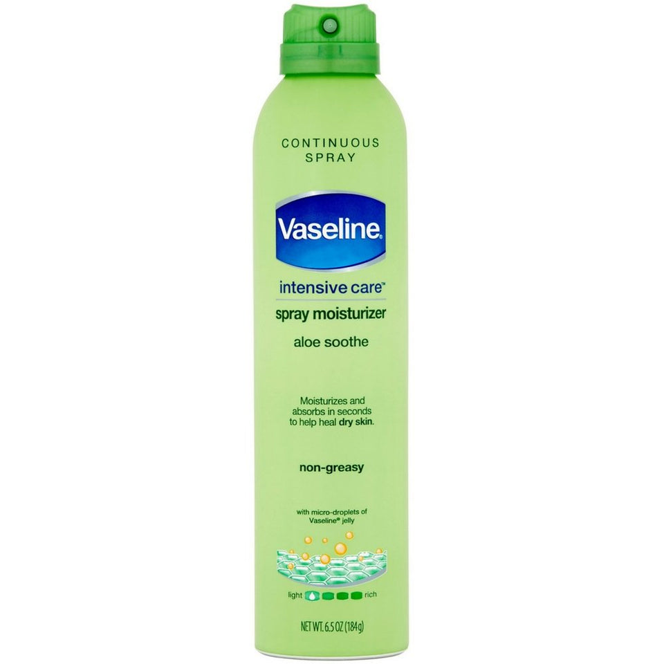 Vaseline Spray & Go Aloe Fresh front view showing bottle and fast hydration benefit