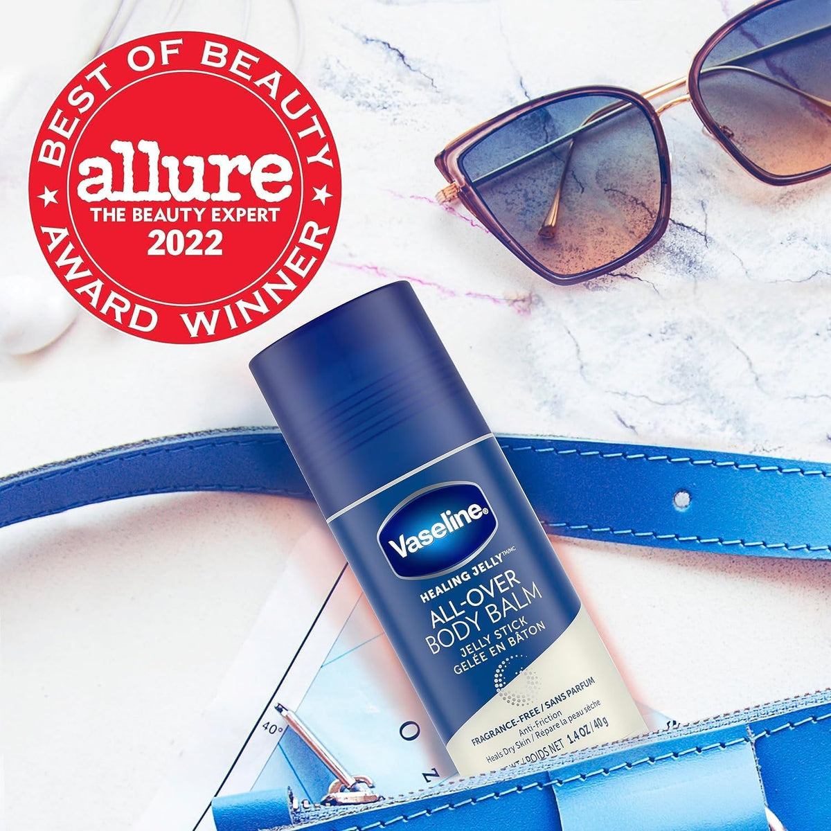Vaseline stick in use on runner's thigh preventing chafing during activity