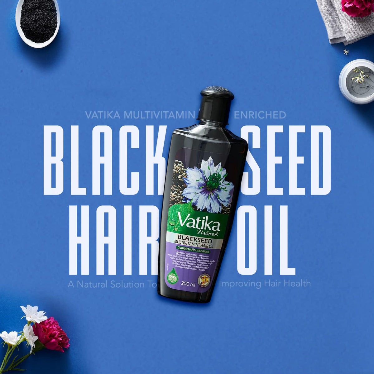 Vatika label close-up highlighting black seed ingredient benefit