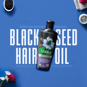 Vatika label close-up highlighting black seed ingredient benefit