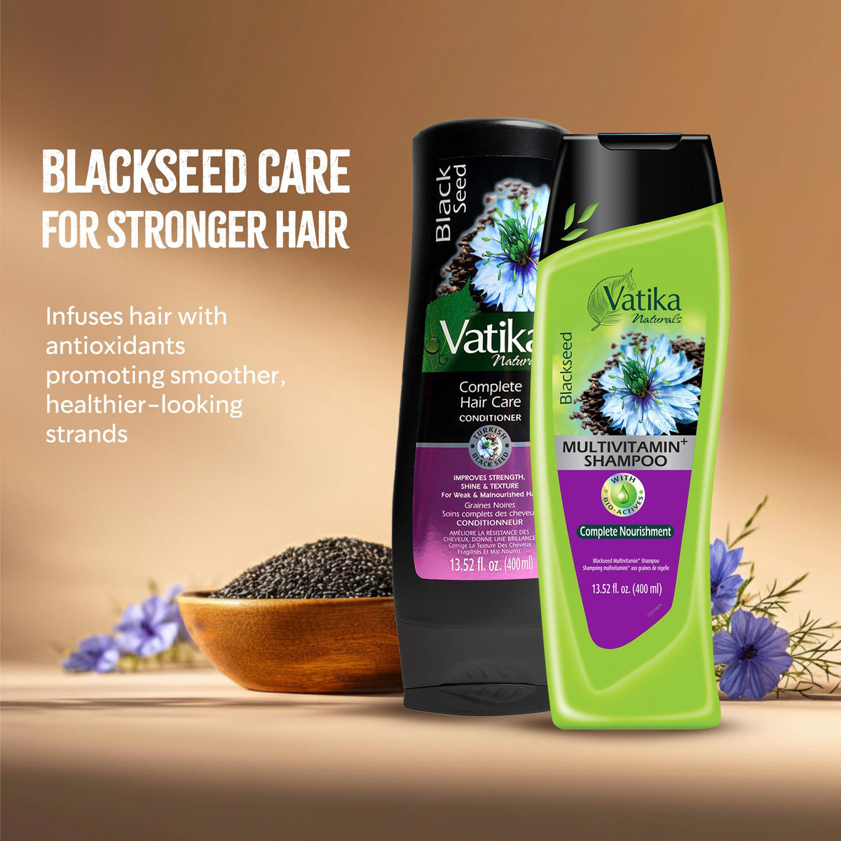 Vatika Naturals label and cap close-up highlighting ingredient details