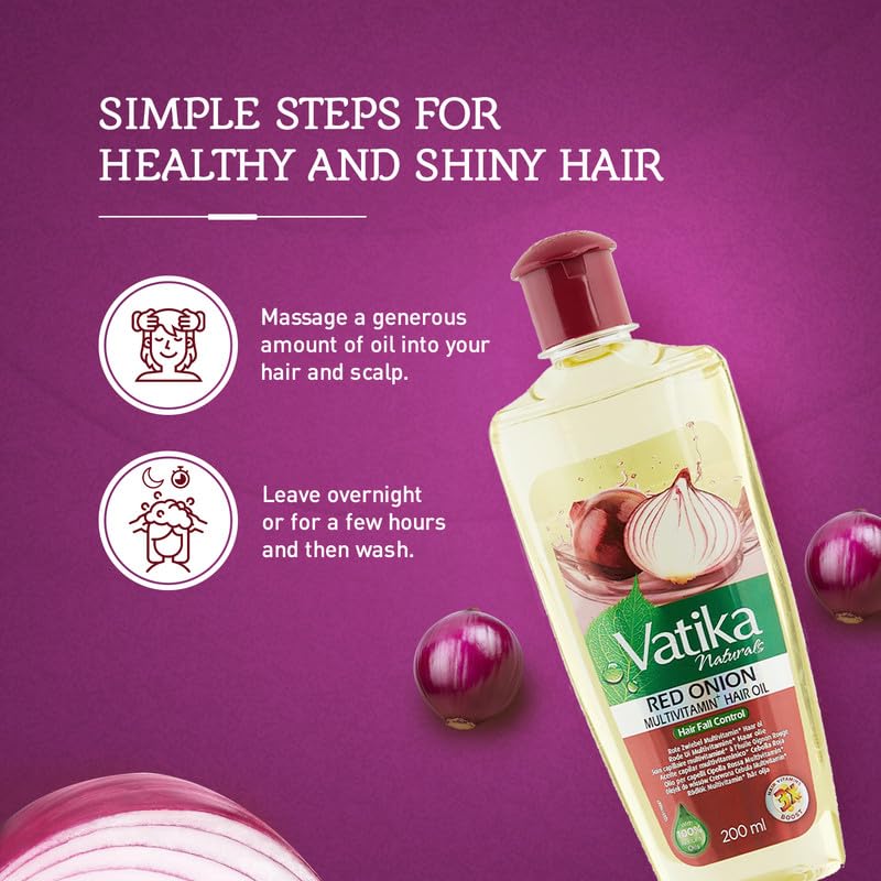 Vatika Naturals bottle label detail highlighting red onion and multivitamin ingredients benefit
