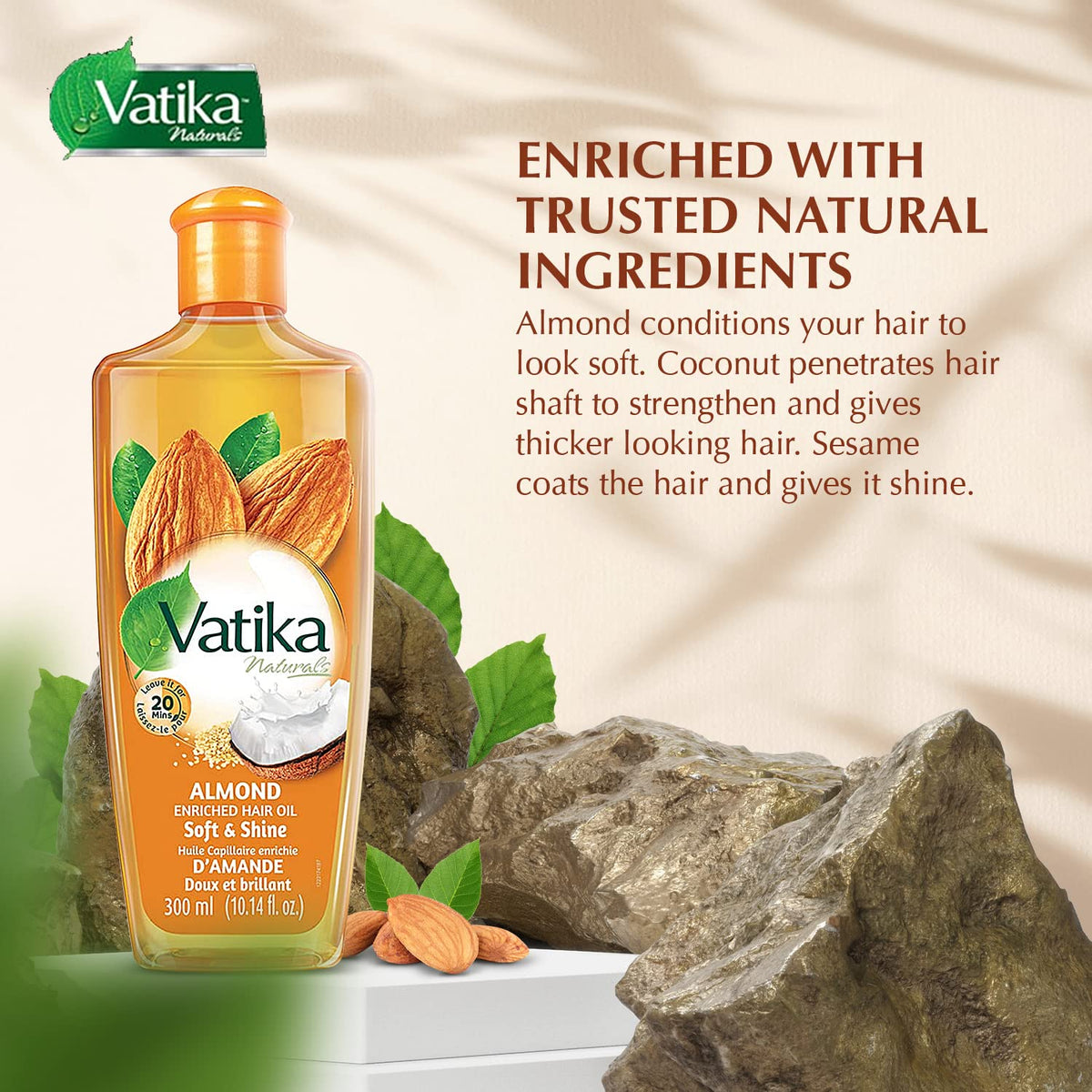 vatika naturals closeup of ingredients label showing almond coconut sesame benefits