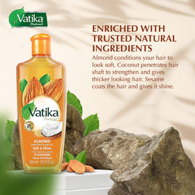vatika naturals closeup of ingredients label showing almond coconut sesame benefits