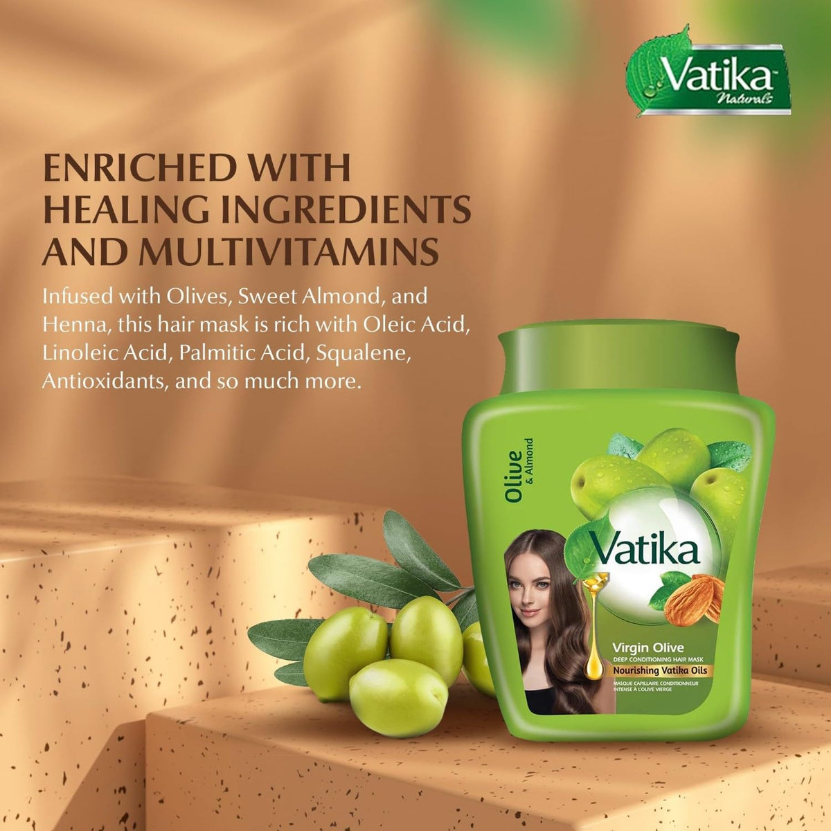 Vatika Naturals close-up of creamy olive mask texture showing rich moisturization