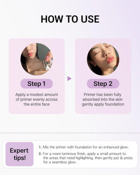 VDL model applying primer on cheek to show glowing highlight benefit
