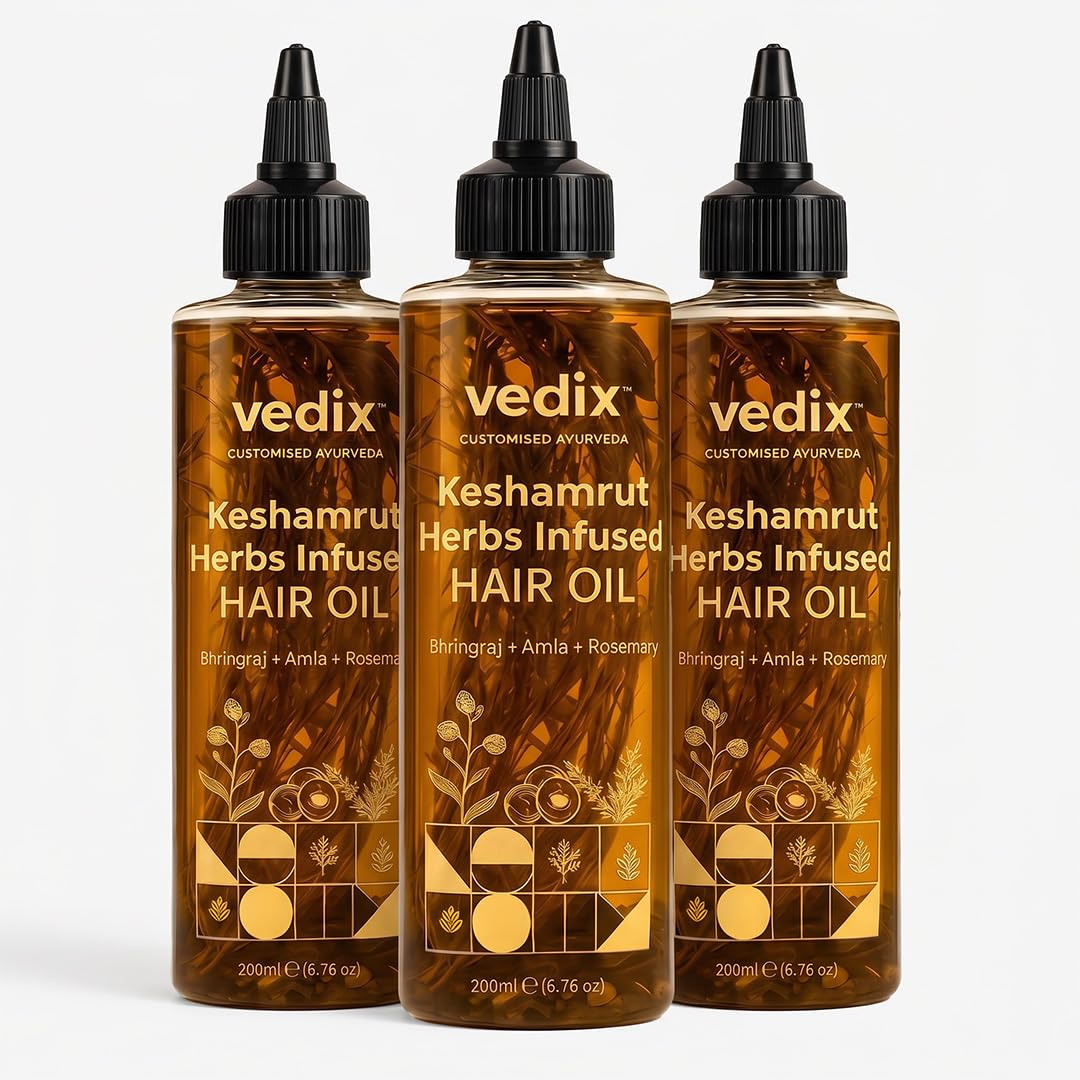 Vedix Keshamrut front packaging showing label and herbal oil benefits