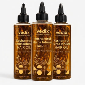 Vedix Keshamrut front packaging showing label and herbal oil benefits