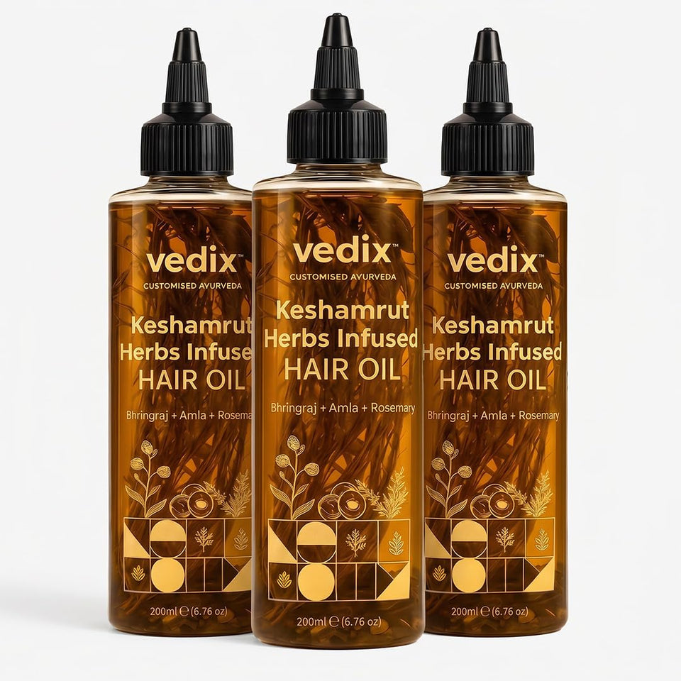 Vedix Keshamrut front packaging showing label and herbal oil benefits