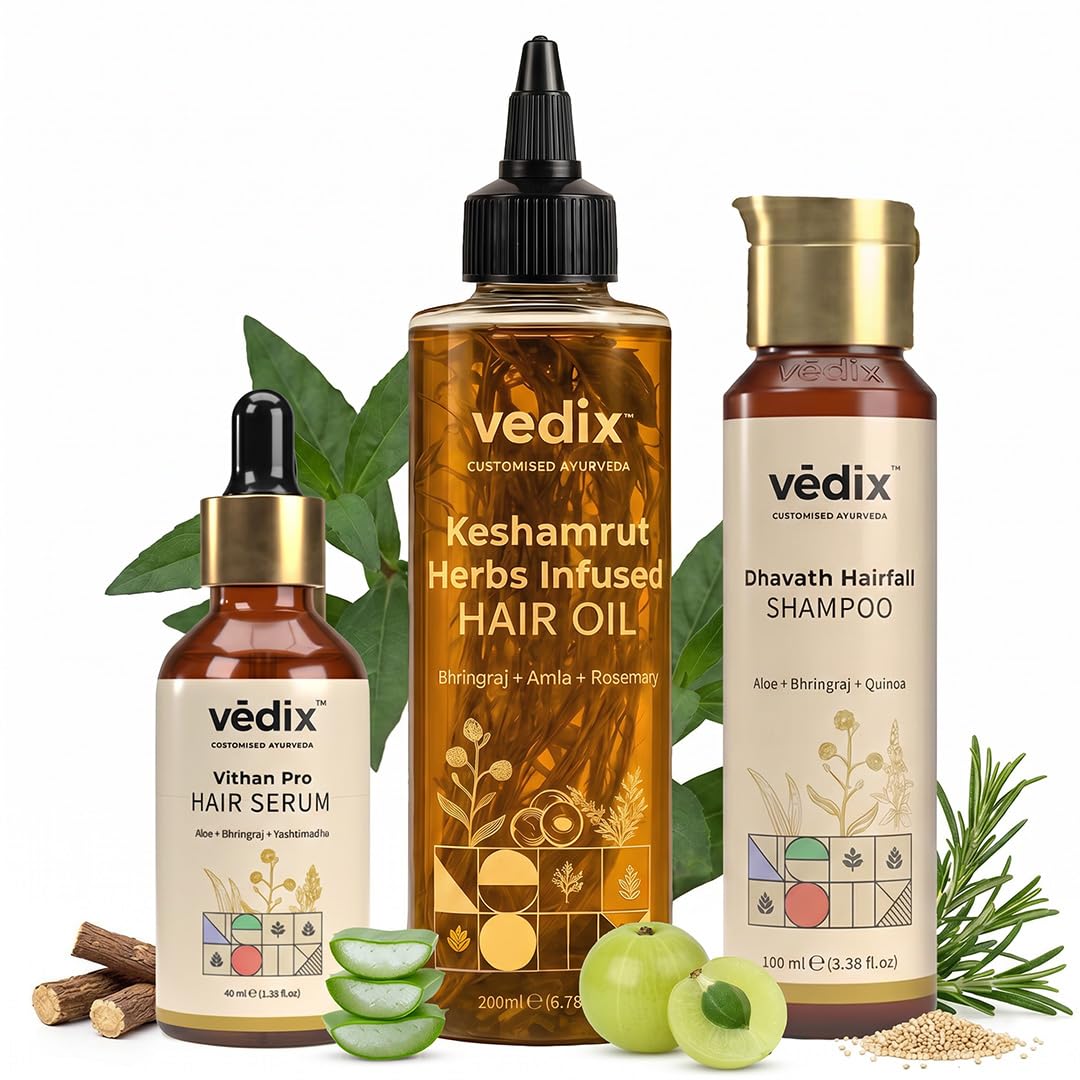 Vedix Keshamrut front packaging showing complete 3-step set and benefits