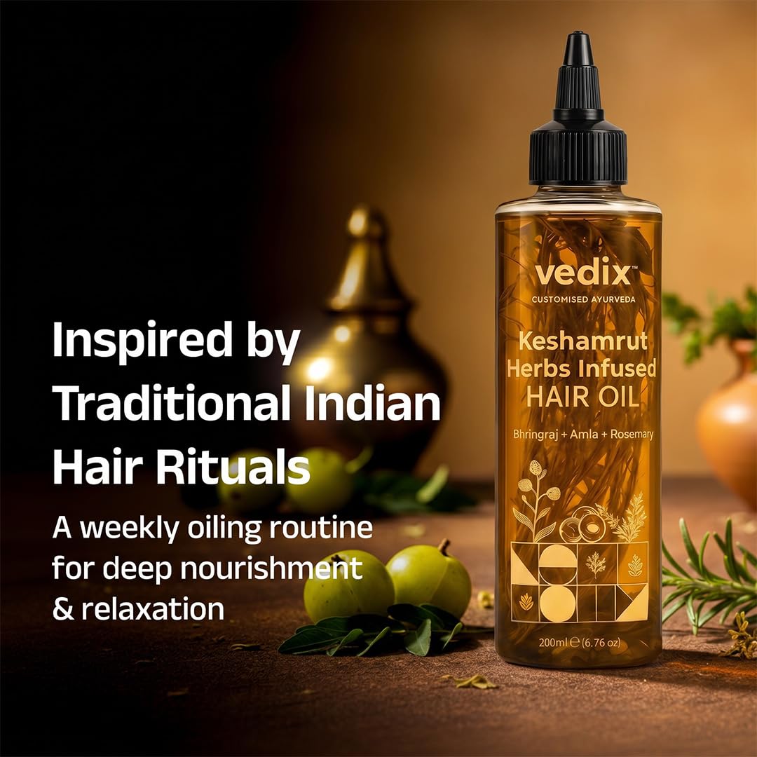 Vedix Keshamrut selected herbs close-up highlighting natural botanicals