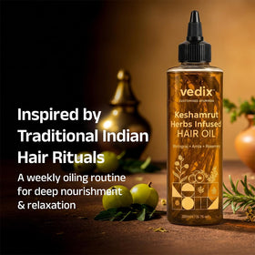 Vedix Keshamrut selected herbs close-up highlighting natural botanicals