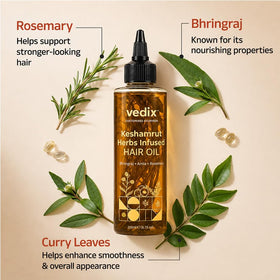 Vedix Keshamrut golden oil texture drop demonstrating lightweight absorption