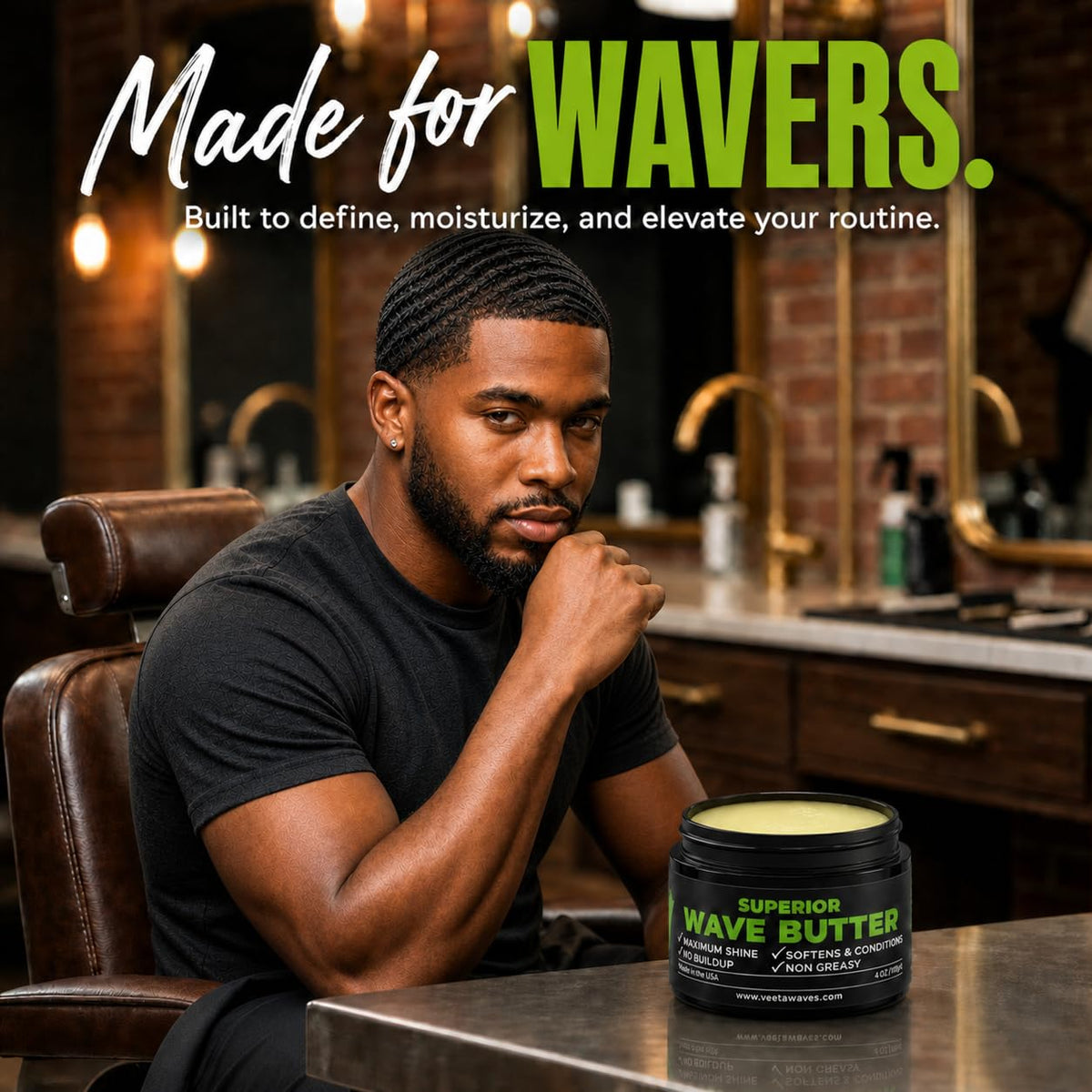 Veeta product in use while brushing waves to enhance pattern and hold