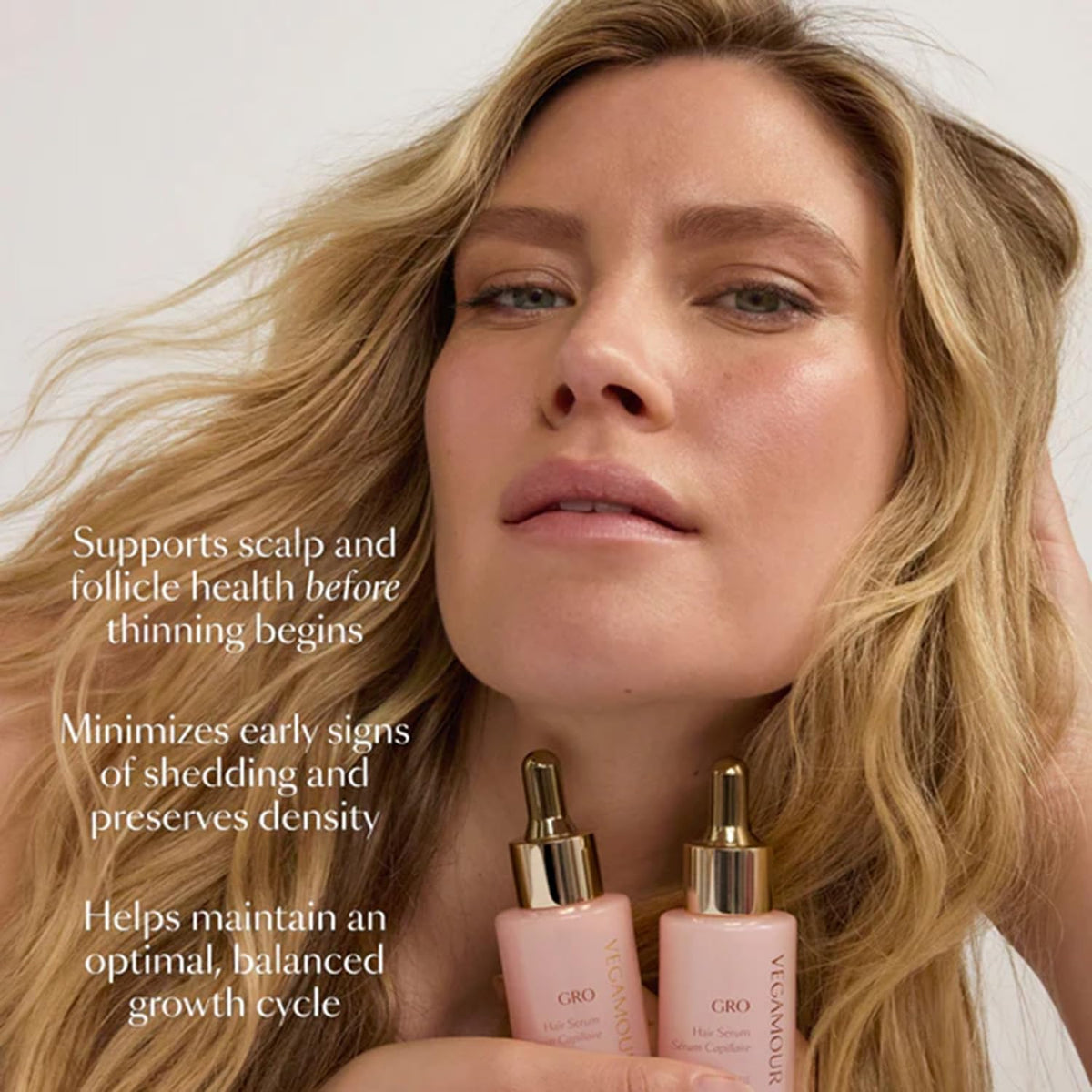 VEGAMOUR serum texture on hand illustrating non-greasy lightweight feel