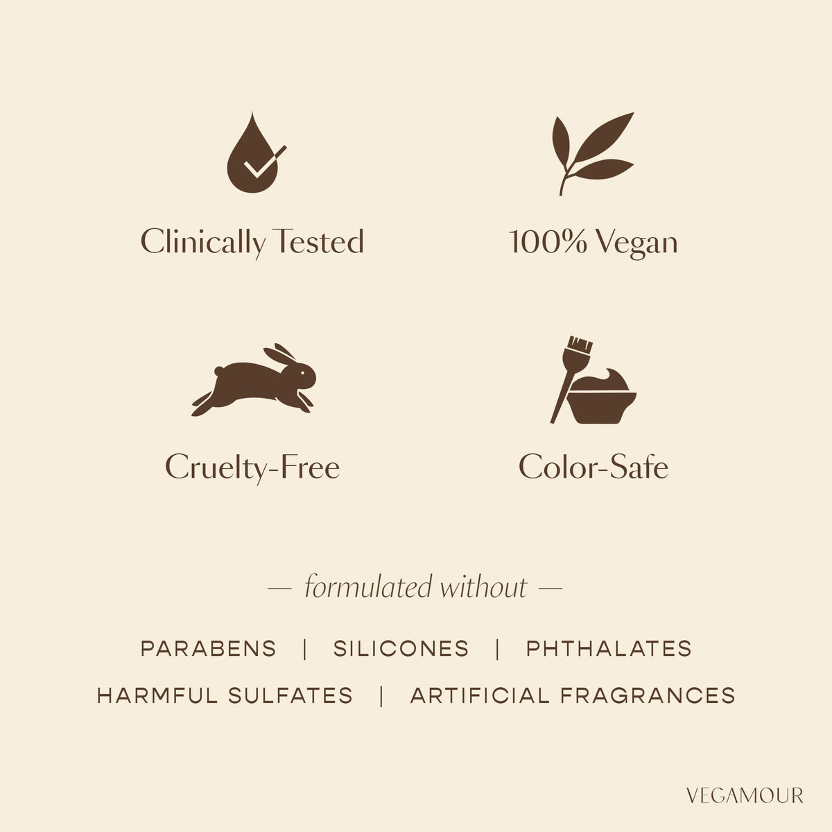 VEGAMOUR product label showing key claims: vegan, color-safe, silicone-free