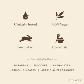 VEGAMOUR product label showing key claims: vegan, color-safe, silicone-free
