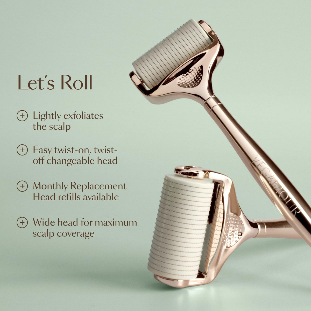 VEGAMOUR replacement head side profile highlighting twist-on mechanism for quick swaps