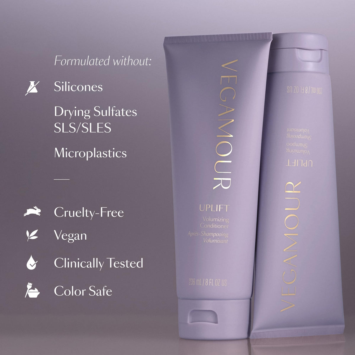 VEGAMOUR botanical ingredients display conveying clean, plant-based formulation