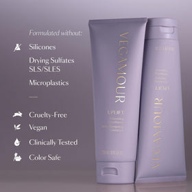 VEGAMOUR ingredient layout emphasizing clean actives and gentle care