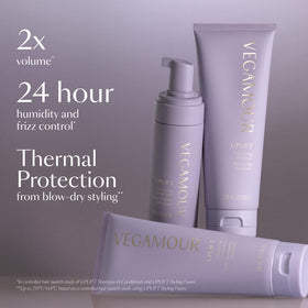 VEGAMOUR label close-up highlighting product name and transparent pump benefit