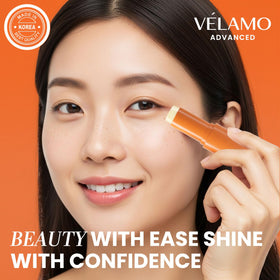 VELAMO ADVANCED conceptual before and after layout showing improved under-eye look
