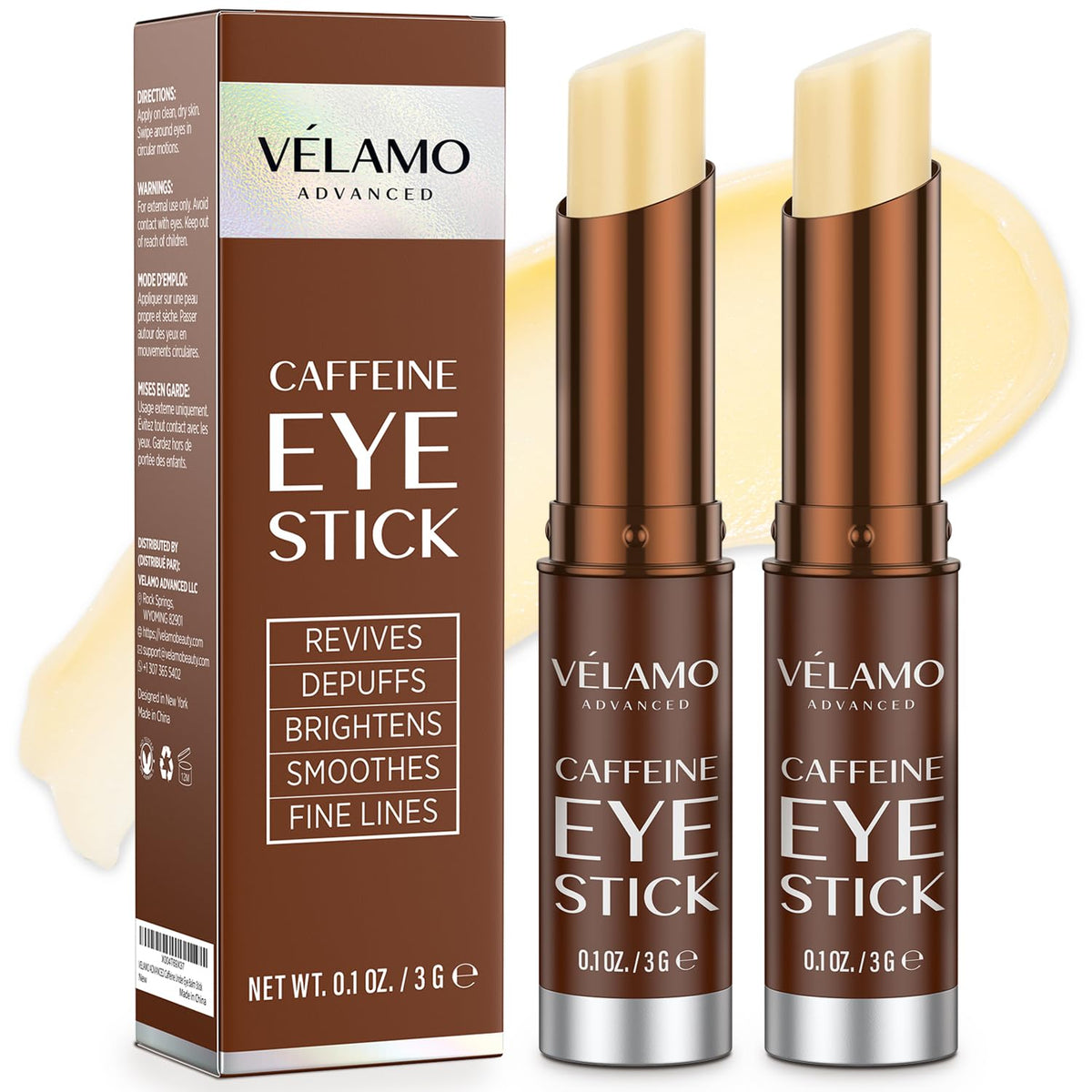 VELAMO ADVANCED front packaging showing dual eye sticks and benefits