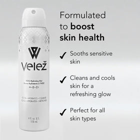 Velež mist used on face in lifestyle shot illustrating soothing refresh benefit