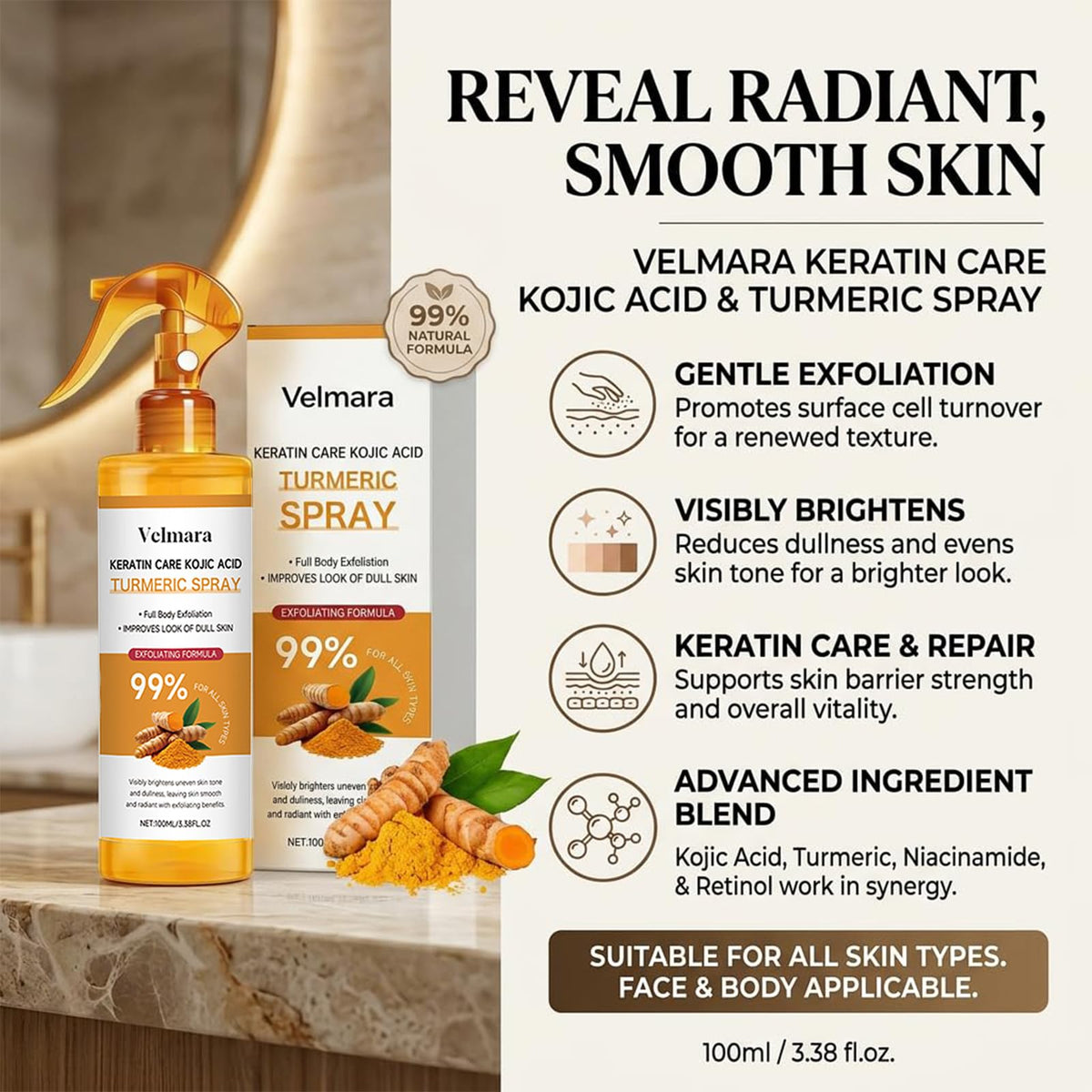 velmara texture mist droplets illustrating lightweight, non-greasy finish