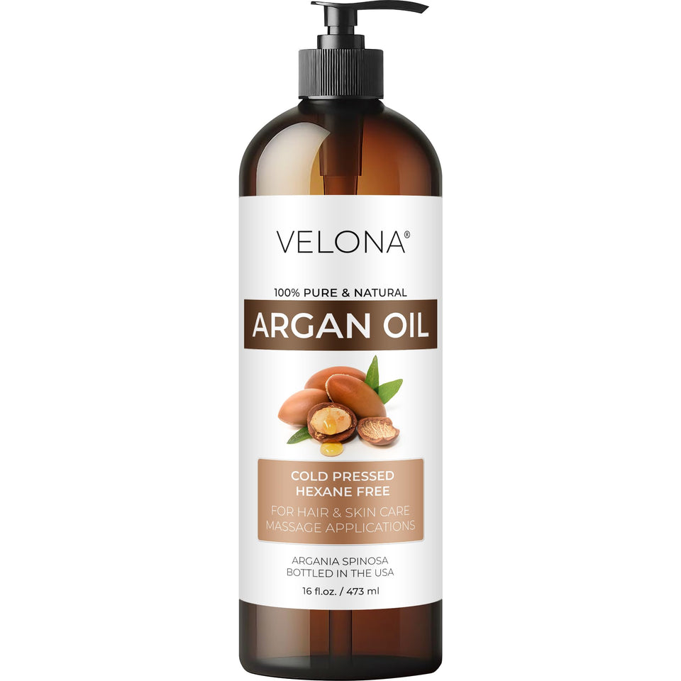 velona argan oil front bottle showing label and size, highlights purity